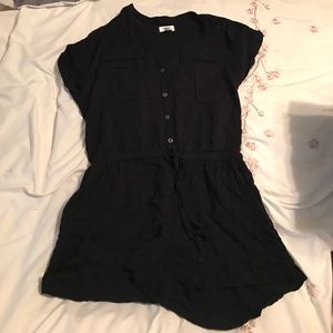 Black romper with buttons, tie waist and pockets