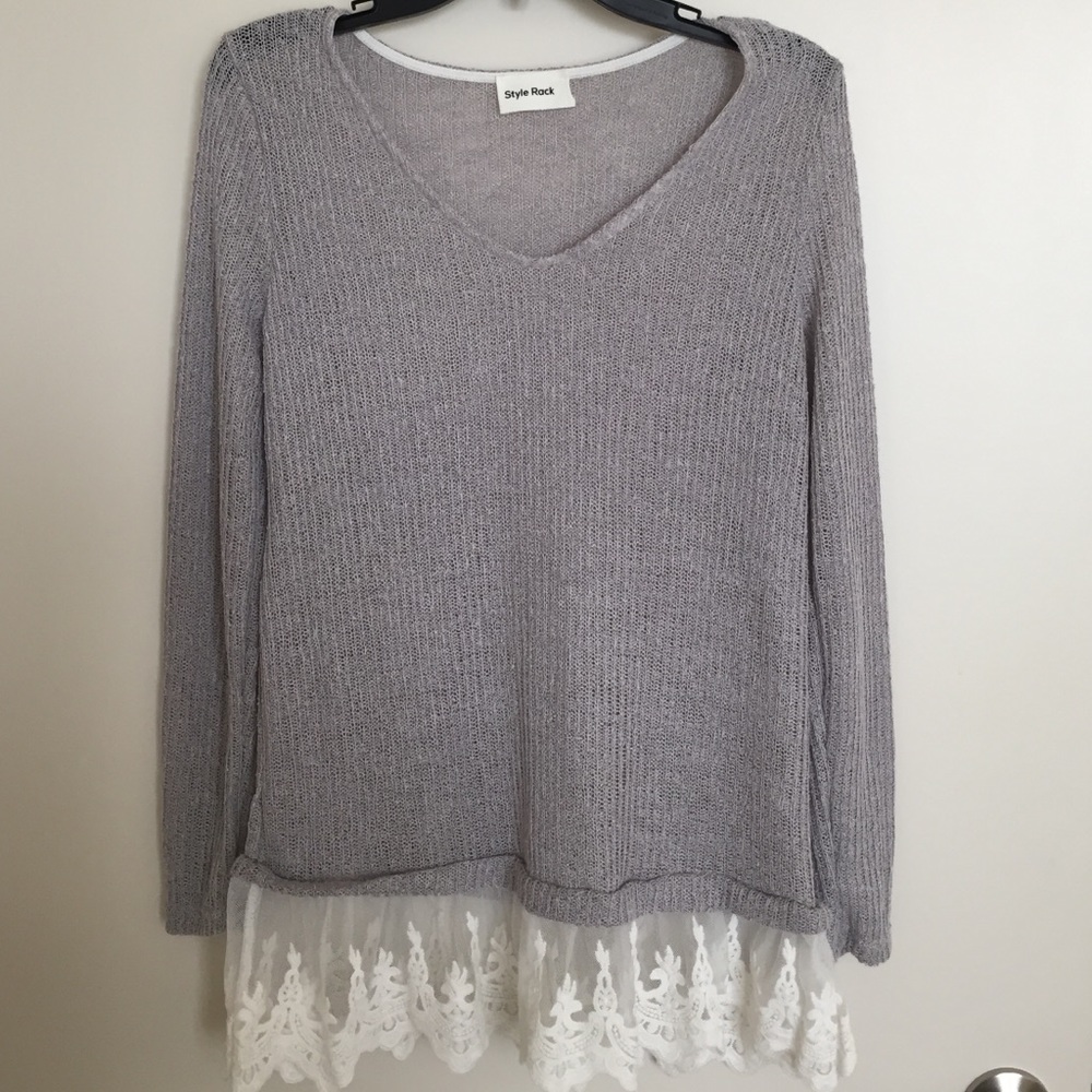 Knitted grey sweater with frilly Lace on bottom