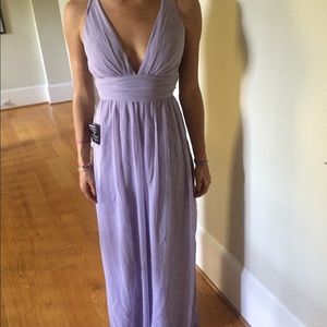 Lavender, halter top, strappy back prom dress