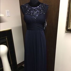 Xscape navy blue sleeveless beaded formal dress