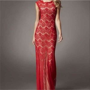 Betsy & Adam red lace prom dress