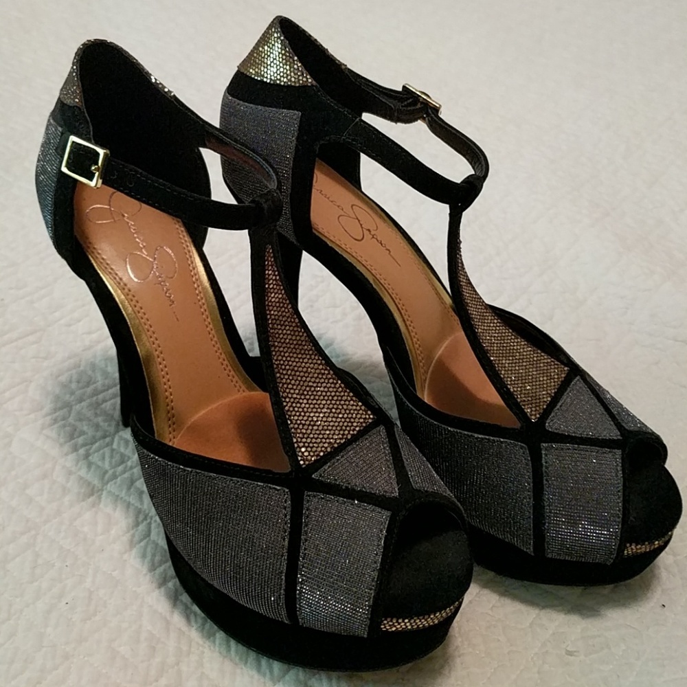 Velvet/metallic gold and gunmetal pumps
