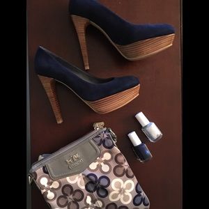 Blue and gray Coach cross body bag