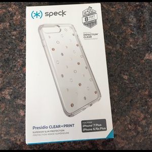 speck clear case with gold and silver polkadots 7+