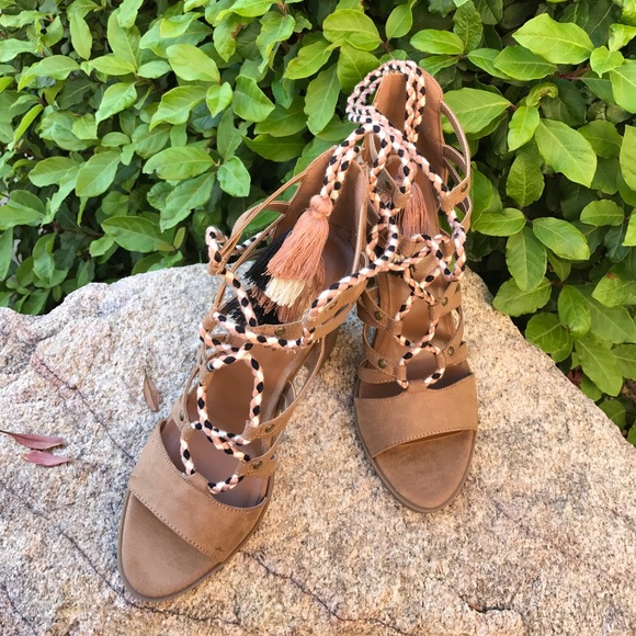 Lace Up Chunky Heel Peep Toe Tassel Sandals - Picture 5 of 6
