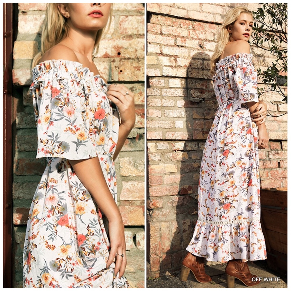 ‼️SALE‼️Off White Off Shoulder Floral Maxi Dress - Picture 4 of 5