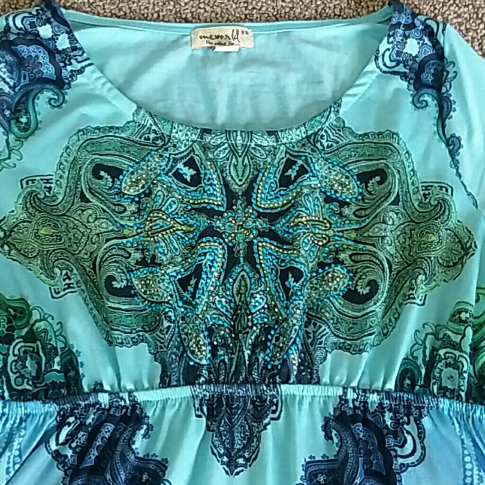 XS One World Tunic Embellished Green Blue - Picture 2 of 2