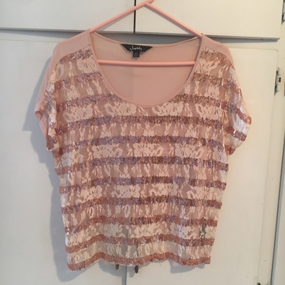 Cute pink sequin and lace striped shirt