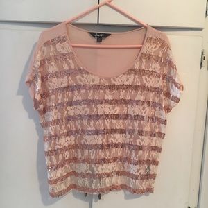 Cute pink sequin and lace striped shirt