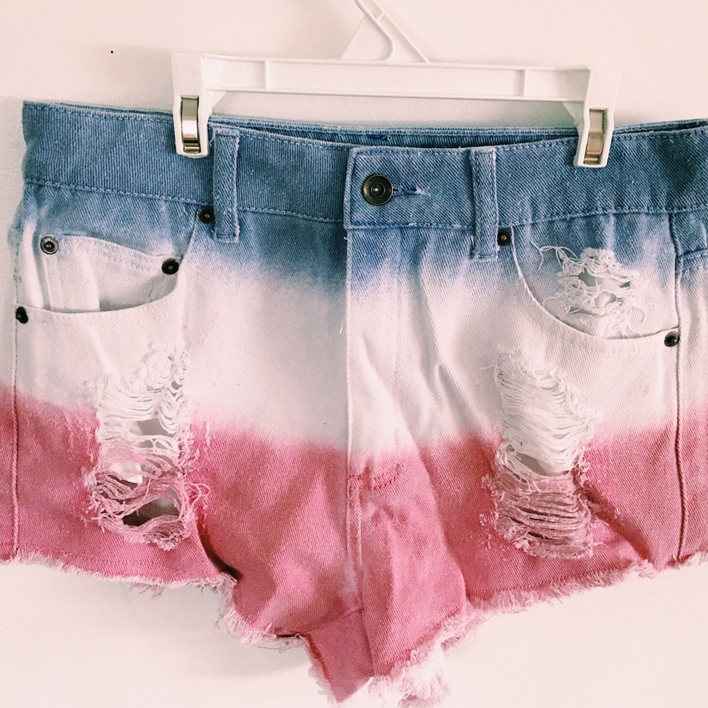 High waisted tri-color denim shorts