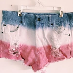 High waisted tri-color denim shorts