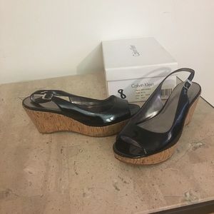 Calvin Klein black patent sling back cork wedge