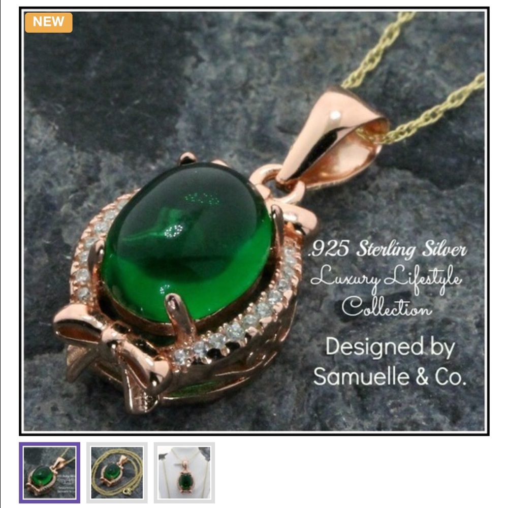 .925 Sterling Silver, Cabochon Emerald Necklace