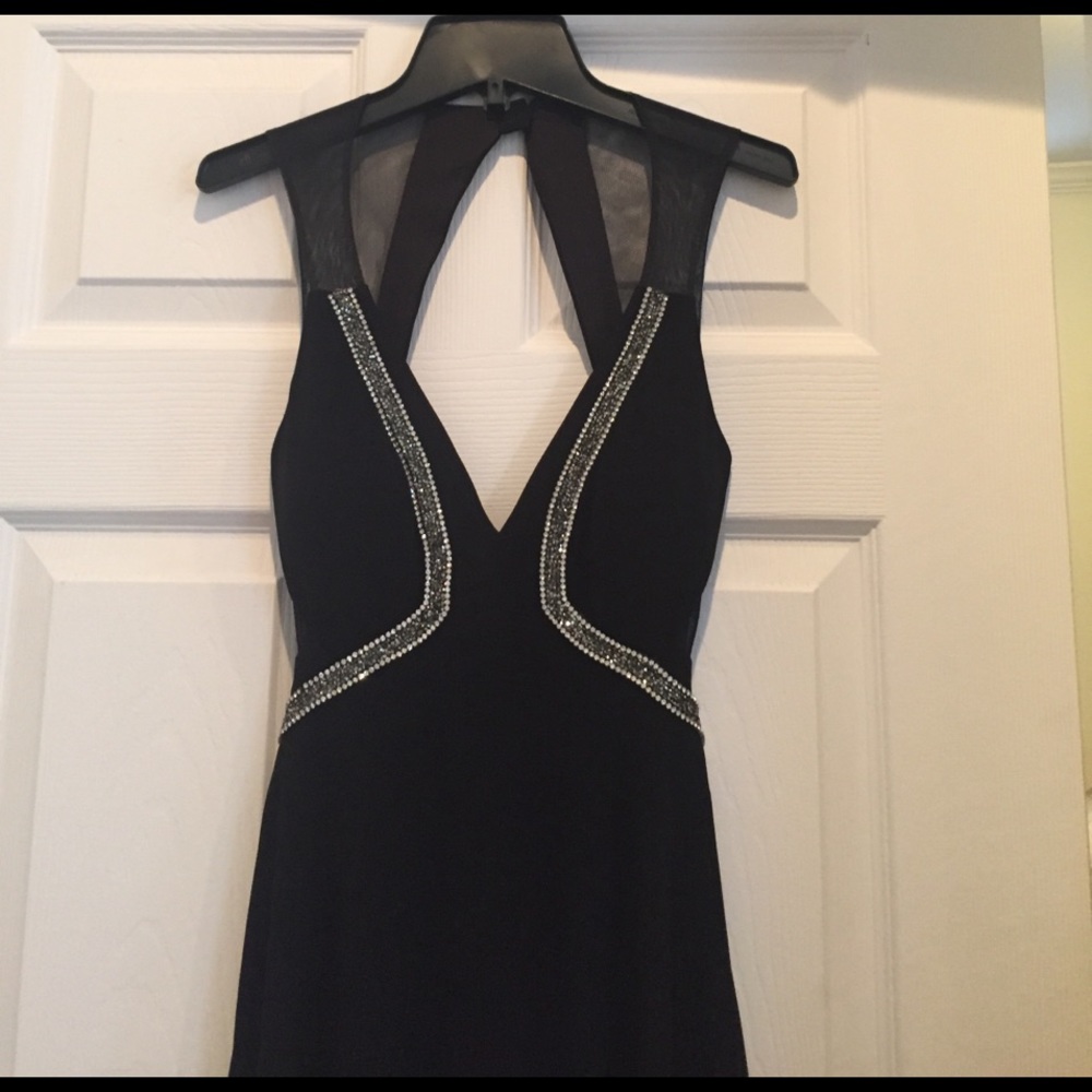 Long black open back embellished jersey dress sz0