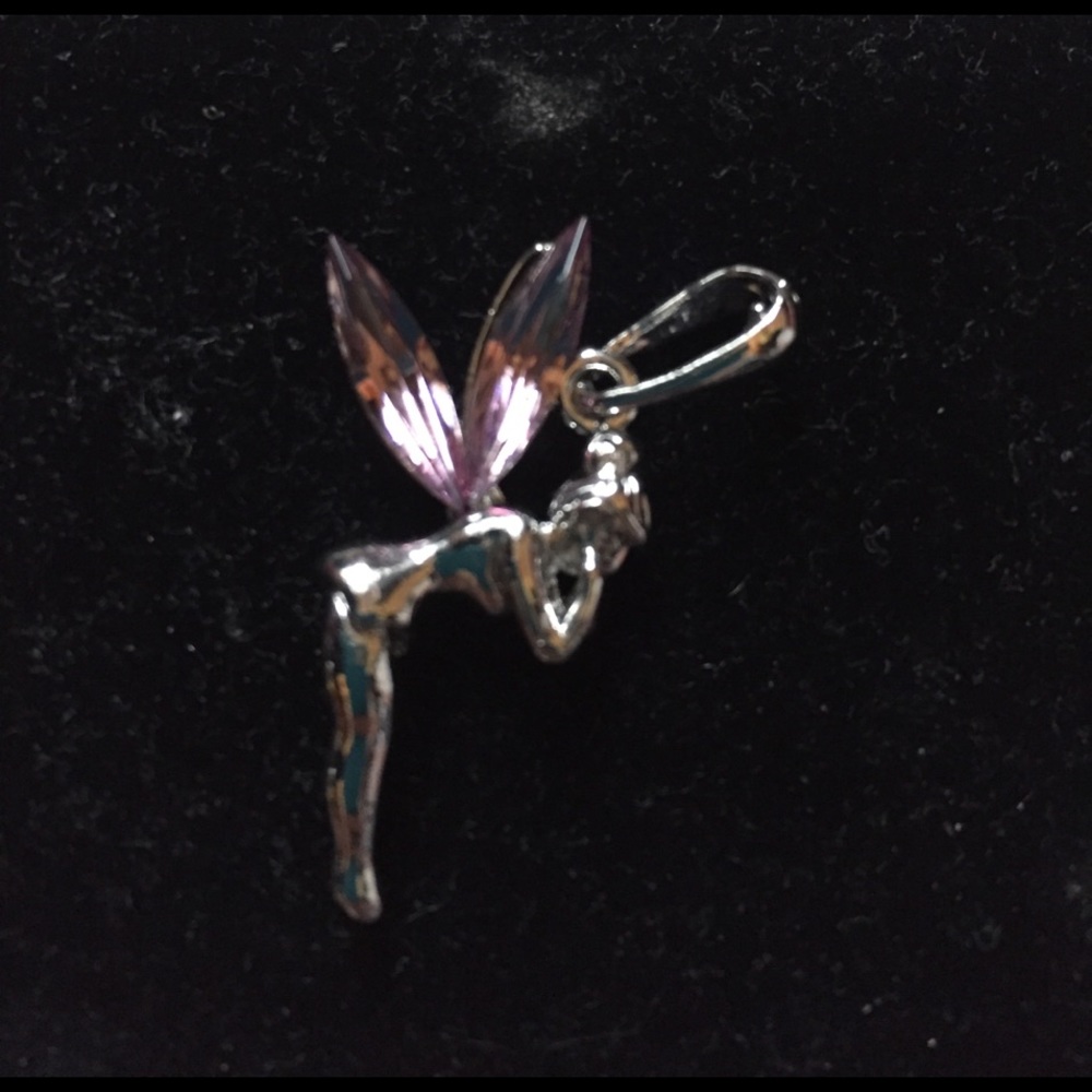 Silver fairy charm with pink stone wings