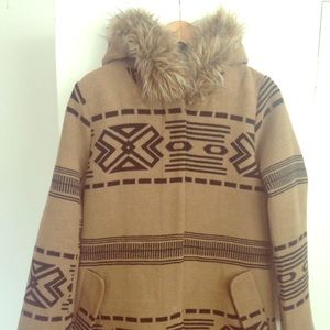 Aztec print coat with fur hood