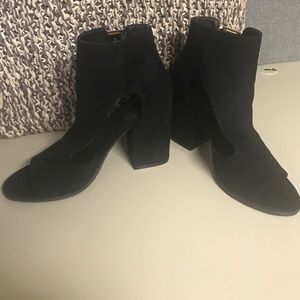 Black suede peep-toe ankle boots