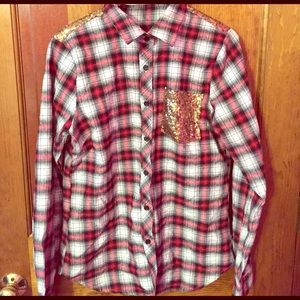 Plaid shirt with gold sequin pocket and back