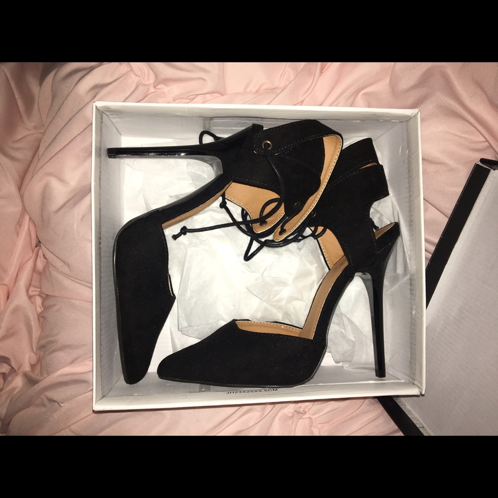 Black suede lace up heels