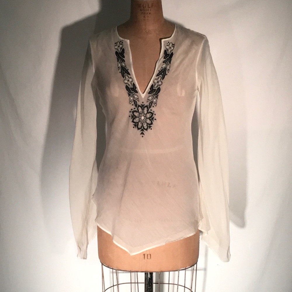Theory sheer silk blend voile tunic w/embroidery
