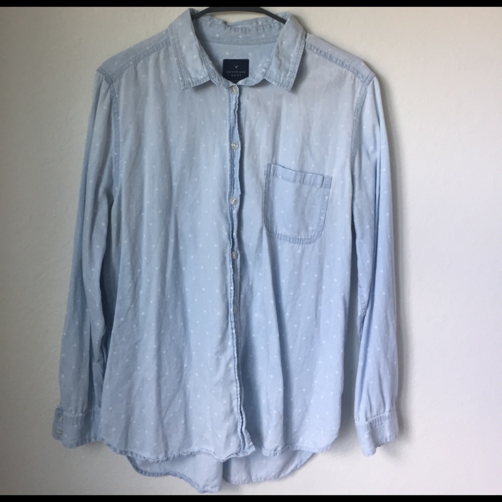 Blue and White dot American Eagle boyfriend shirt