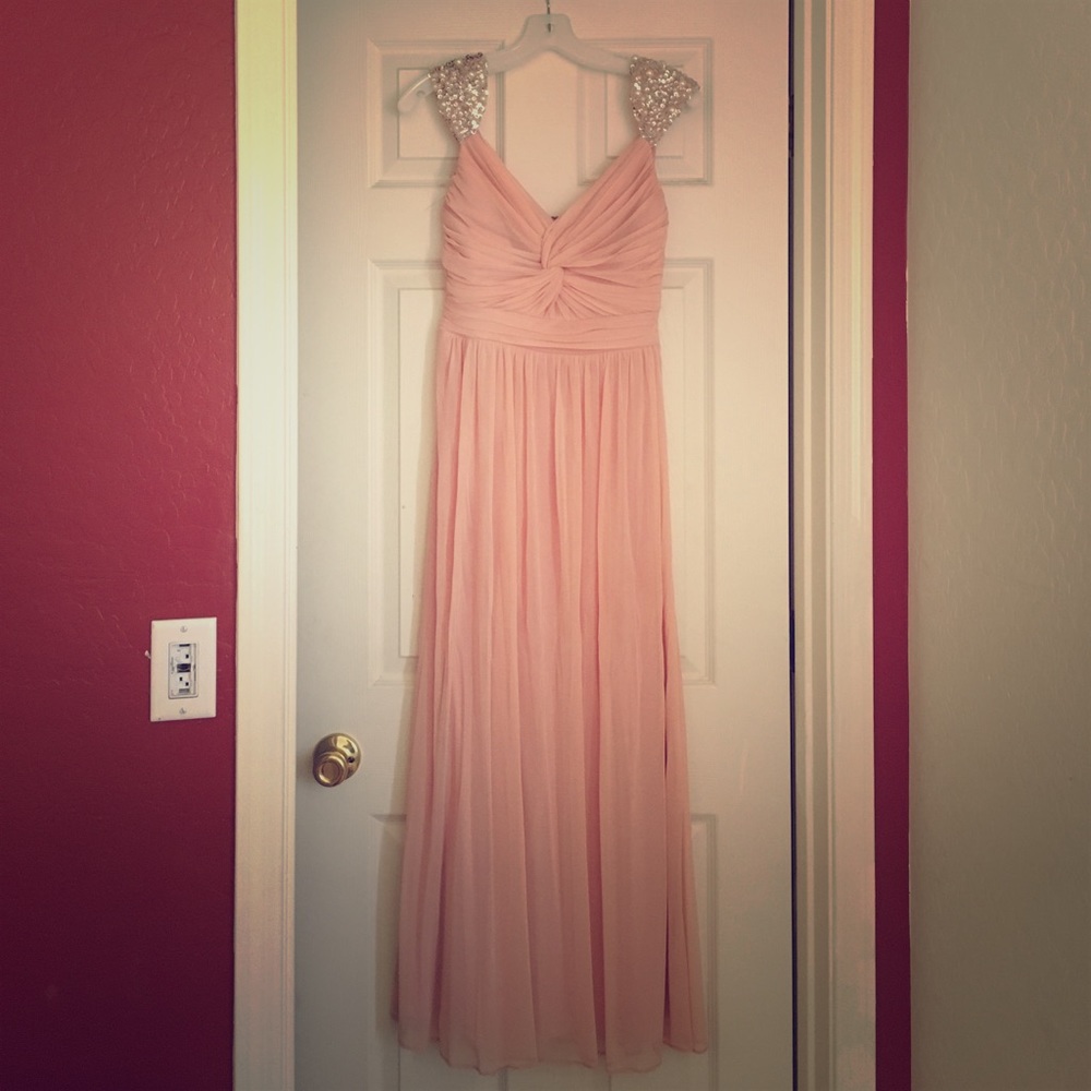 Davids bridal pink embroidered shoulder dress