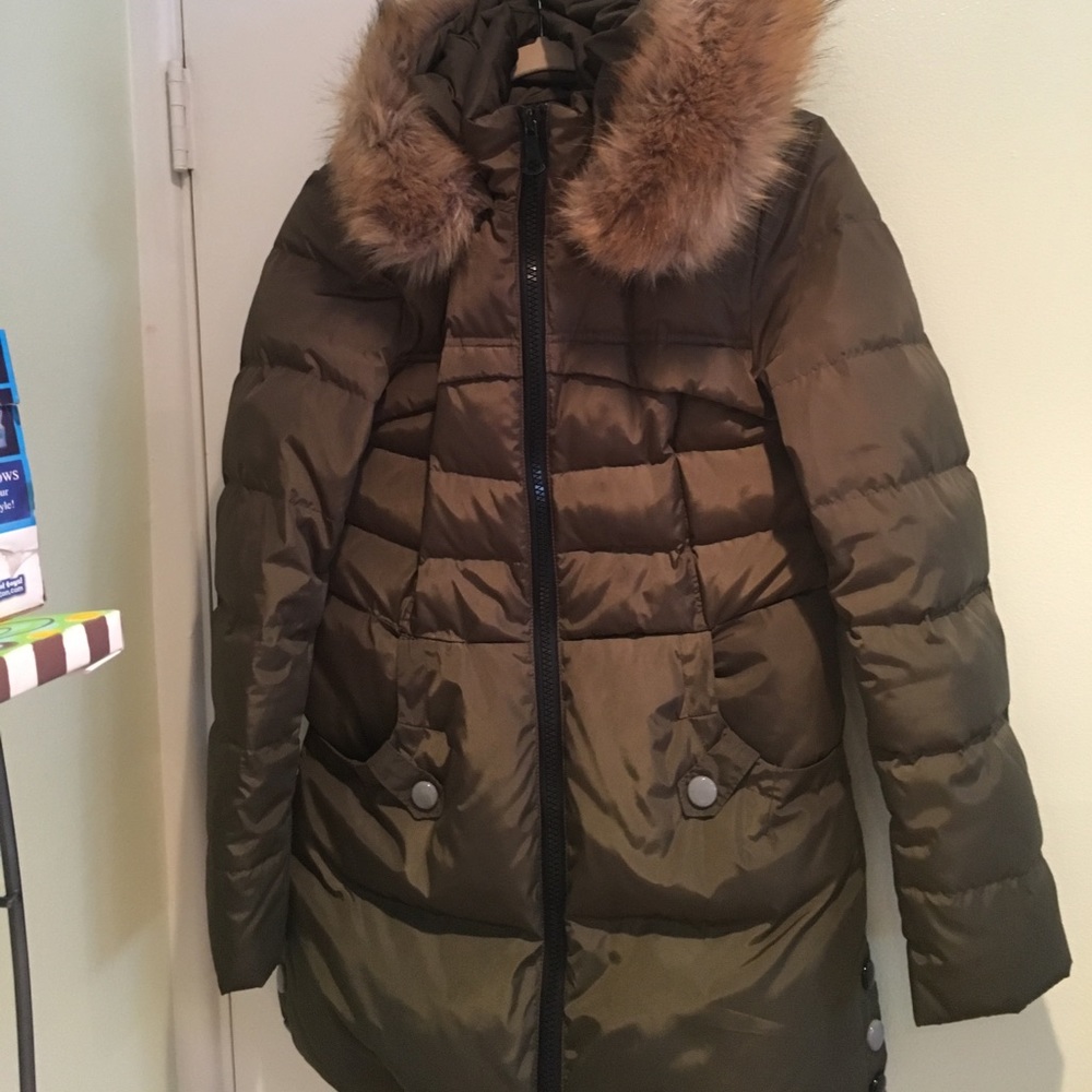 Olive green winter coat with full hood