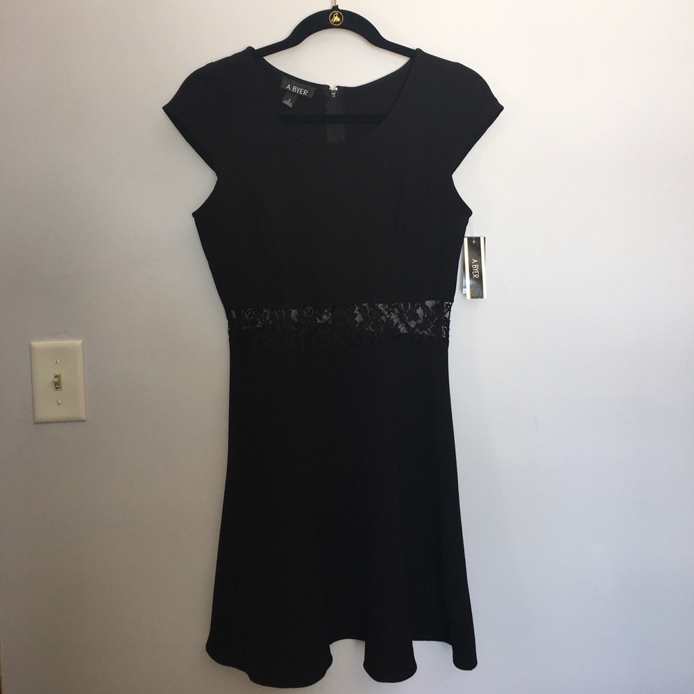 A. Byer Black Crepe Peekaboo Waist Flared Dress
