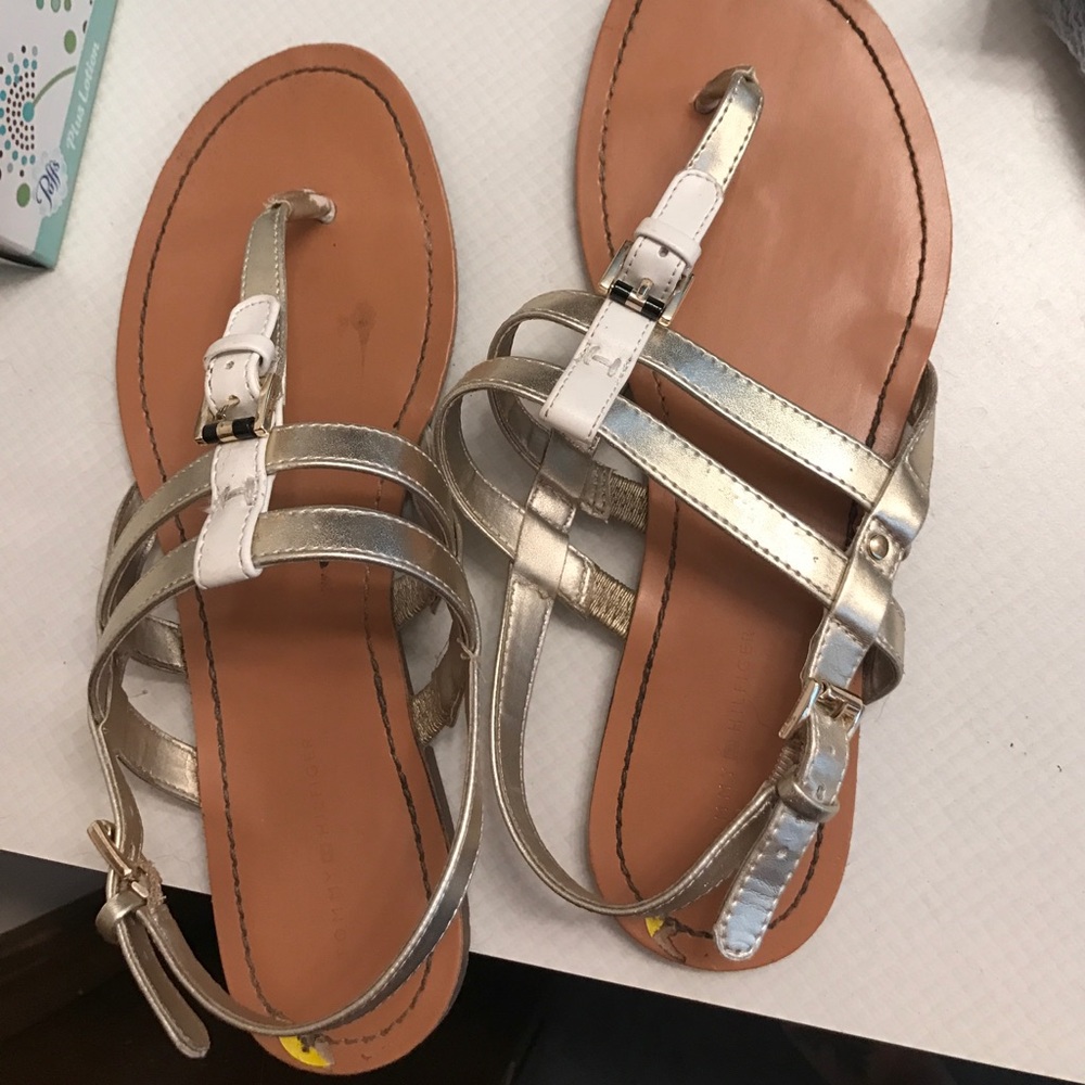 Tommy Hilfiger Gold and White Sandals Size 9