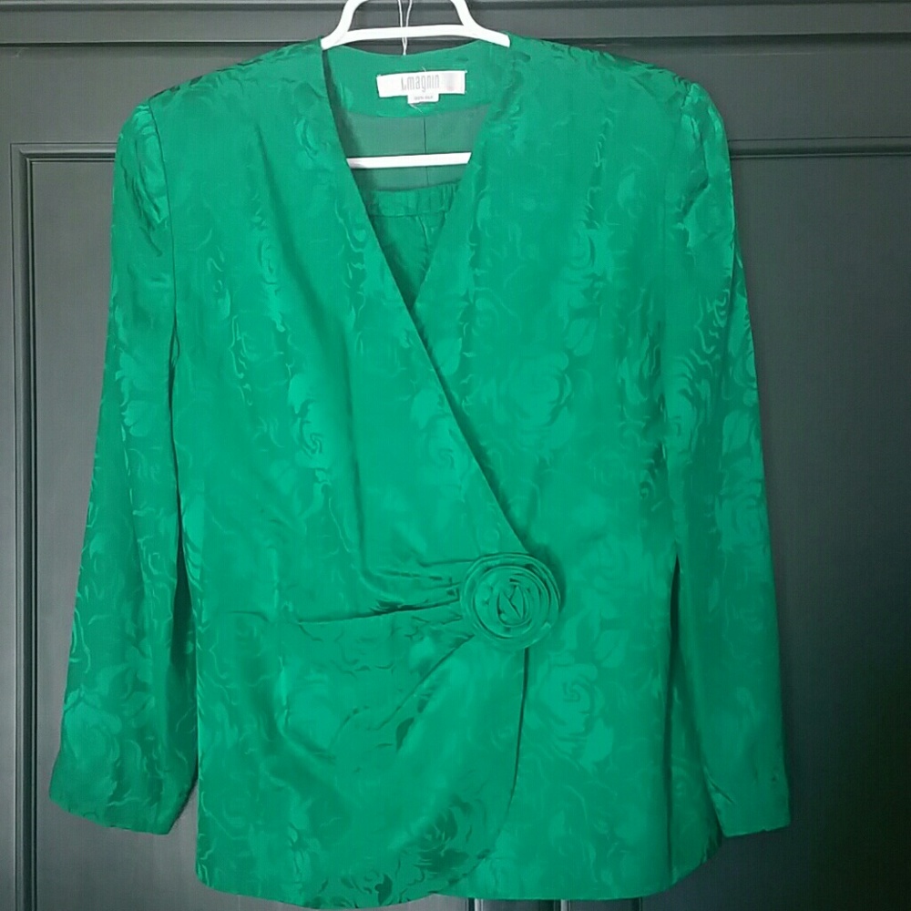 Vintage I. Magnin 100% Silk Green Skirt Suit