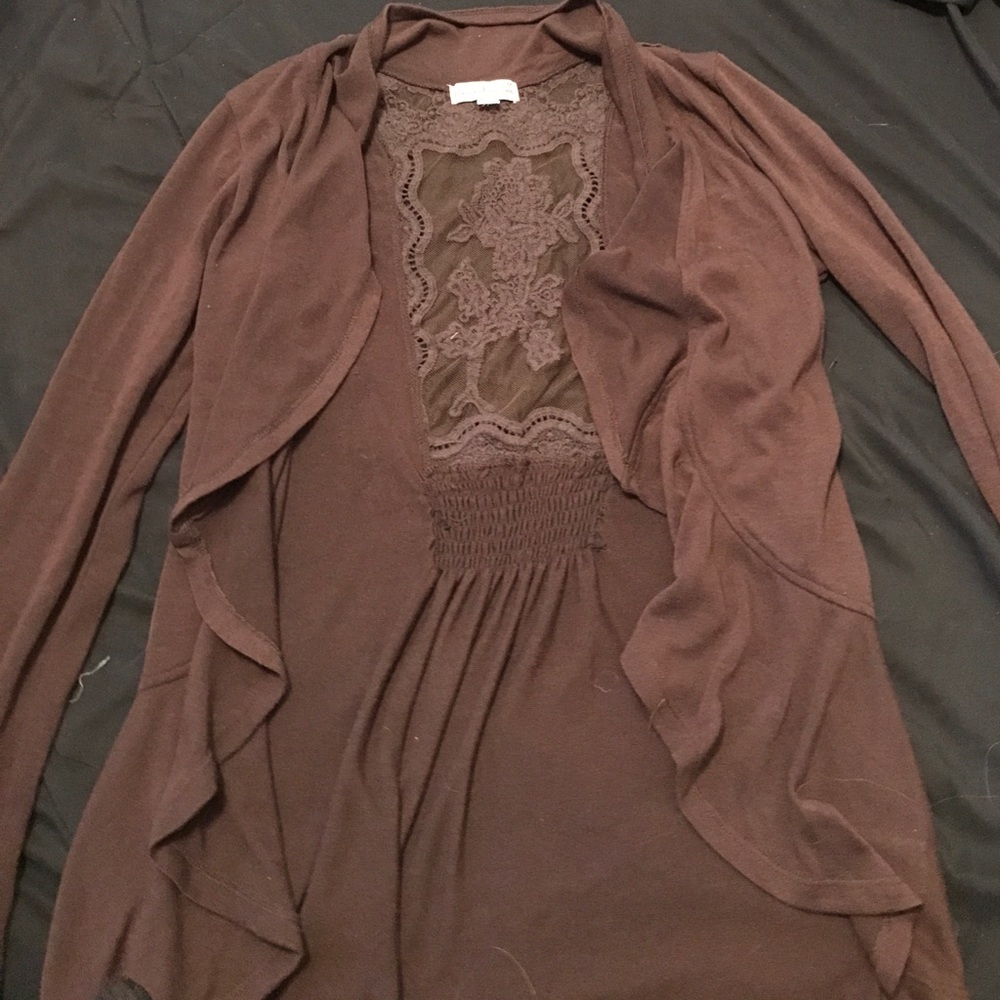 Brown cardigan with lace detail on back