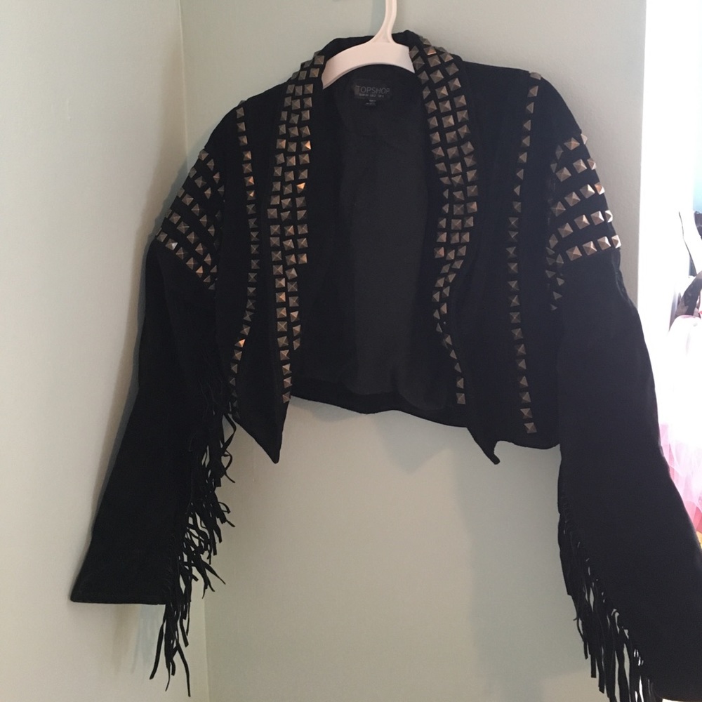 TopShop suede fringe cropped studded jacket