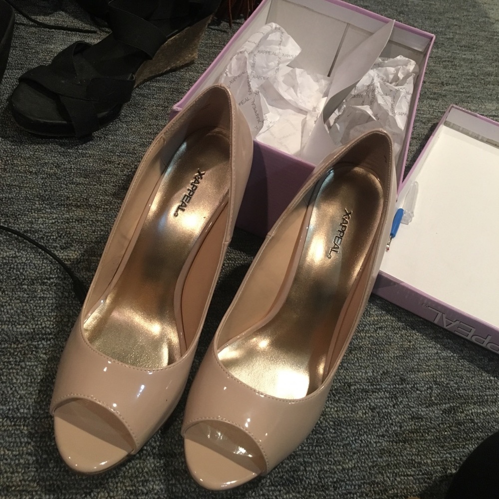 Tan peep toe heels