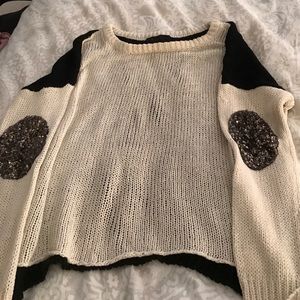Sweater with jeweled elbow patches