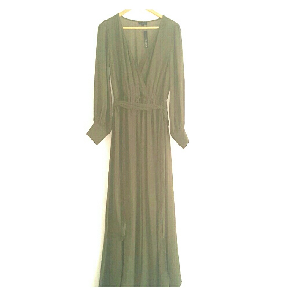 Olive Green surplice maxi dress.