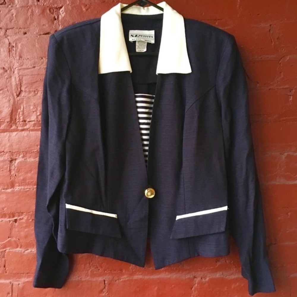 Vintage 80s navy blazer /top w striped front panel