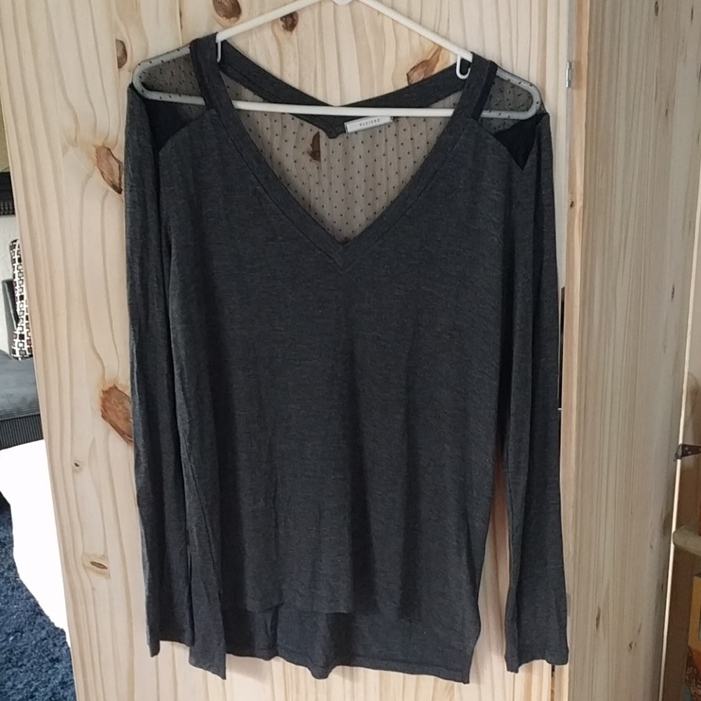 Pleione Grey and Black Mesh Long Sleeve Top