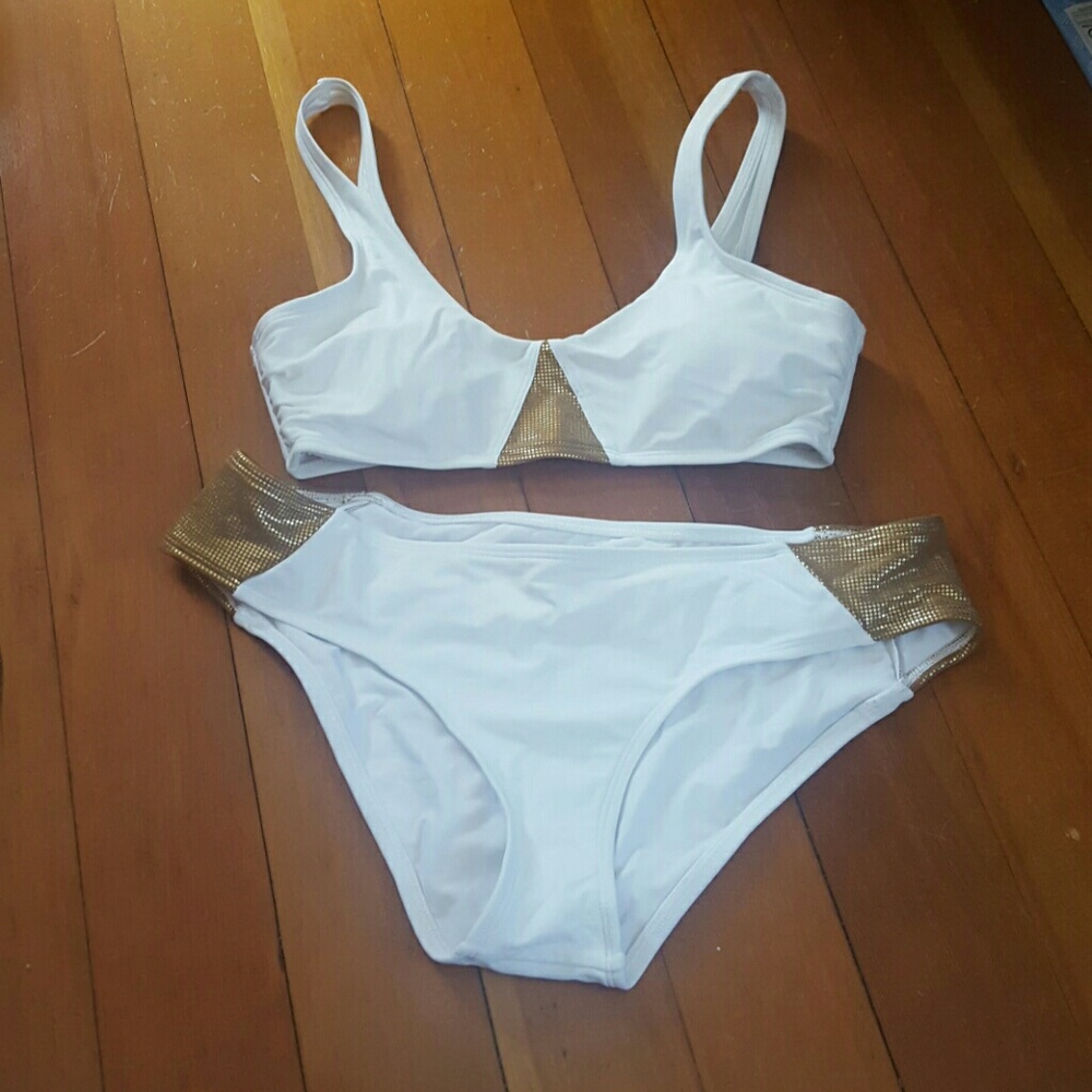 Aerie white and gold metallic bikini bathing suit