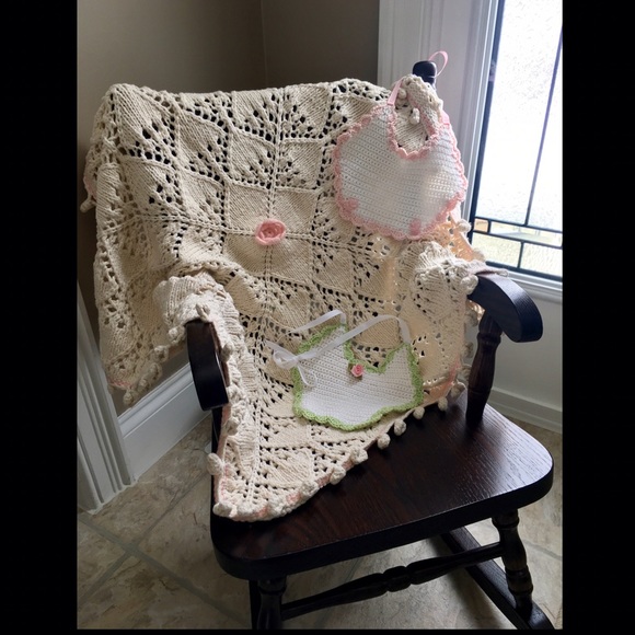 Other - Crocheted organic baby blanket & Knitted baby bibs