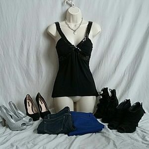 Black V neck sequence tank