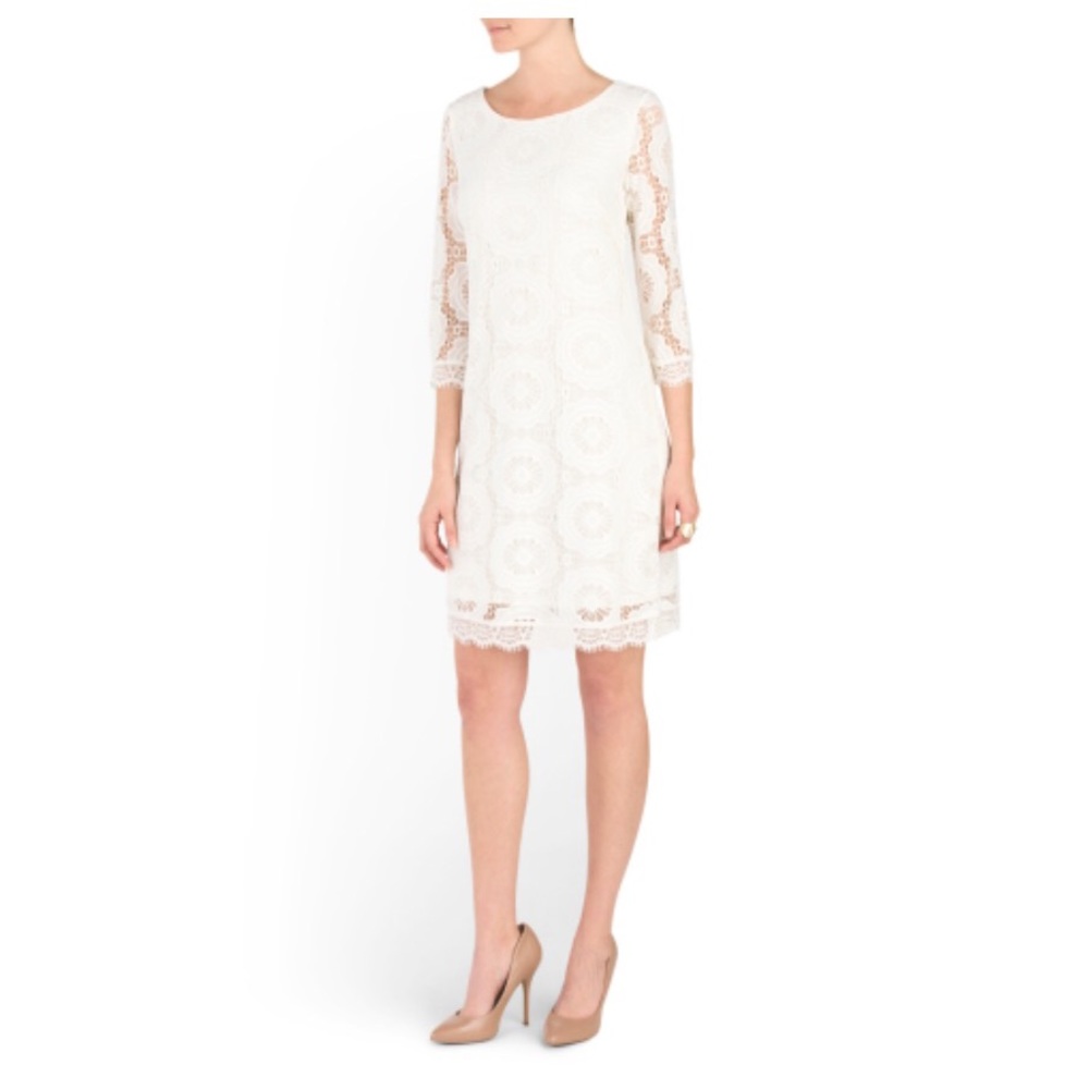 LONDON TIMES 3/4 sleeve ivory lace shift dress