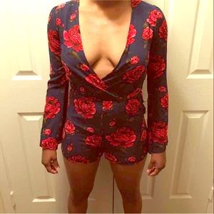 Red rose & Navy blue shorts romper