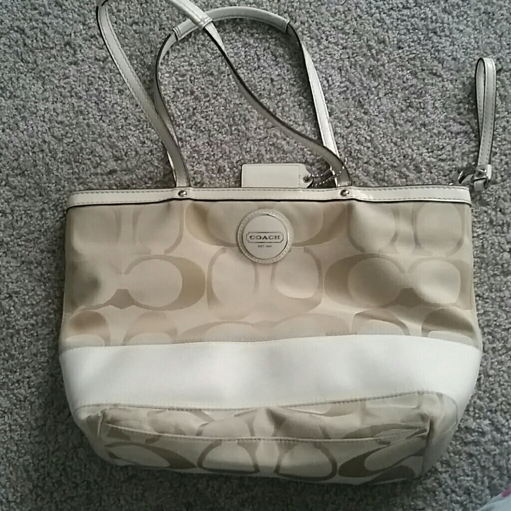 Coach cream signature stripe tote