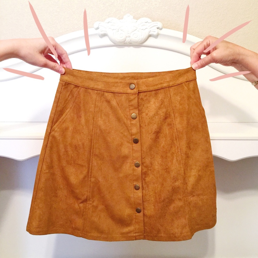 Retro Camel Suede Button Down Skirt