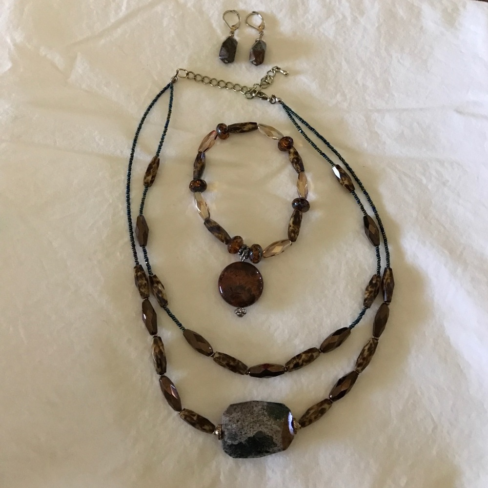 Brown and teal necklace with matching bracelet
