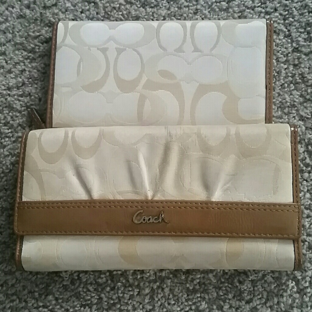Coach cream tri fold wallet and check book cover