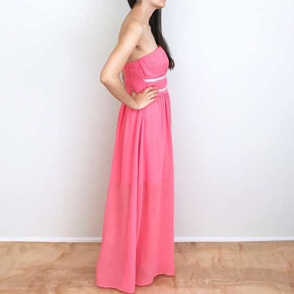 Strapless Coral Bridesmaids  Maxi Dress Gown - Picture 4 of 6