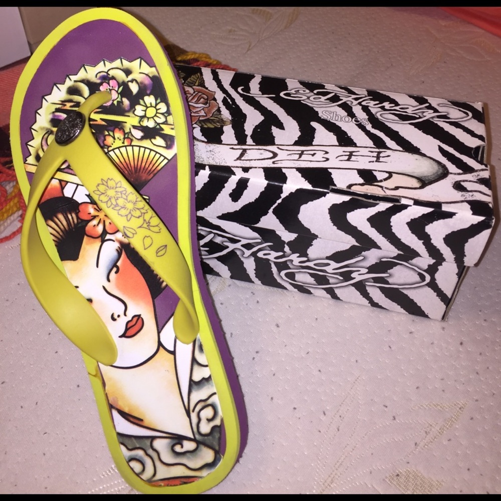 Ed hardy flip flops. Size 9