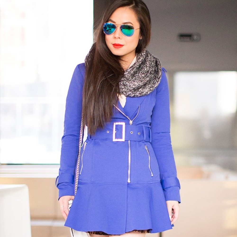 Bebe Flare Skirt Trench Jacket in Clemantis Blue