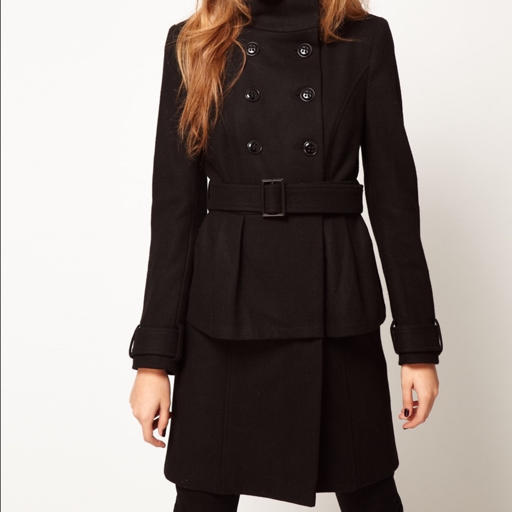 ASOS black longline belted peplum coat in wool mix